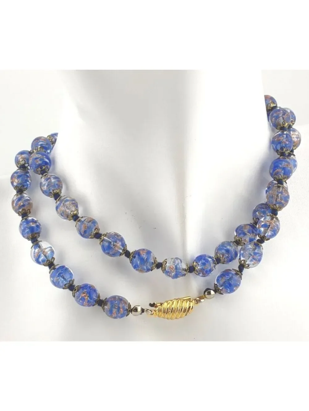 Vintage Blue Venetian Murano Glass Foil Beaded Necklace with Gold Tone Clasp 24